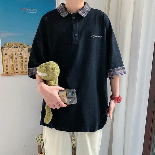 Fake Two-piece Shirt Men's Short-sleeved T-shirt Summer Plaid Stitching Half-sleeved T-shirt Loose Men's Shirt