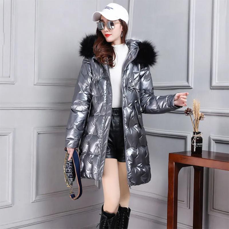 Women's Glossy Loose Down Jacket Mid-length Korean Thick Coat Warm Cotton Coat with Big Fur Collar Winter Quilted Jacket