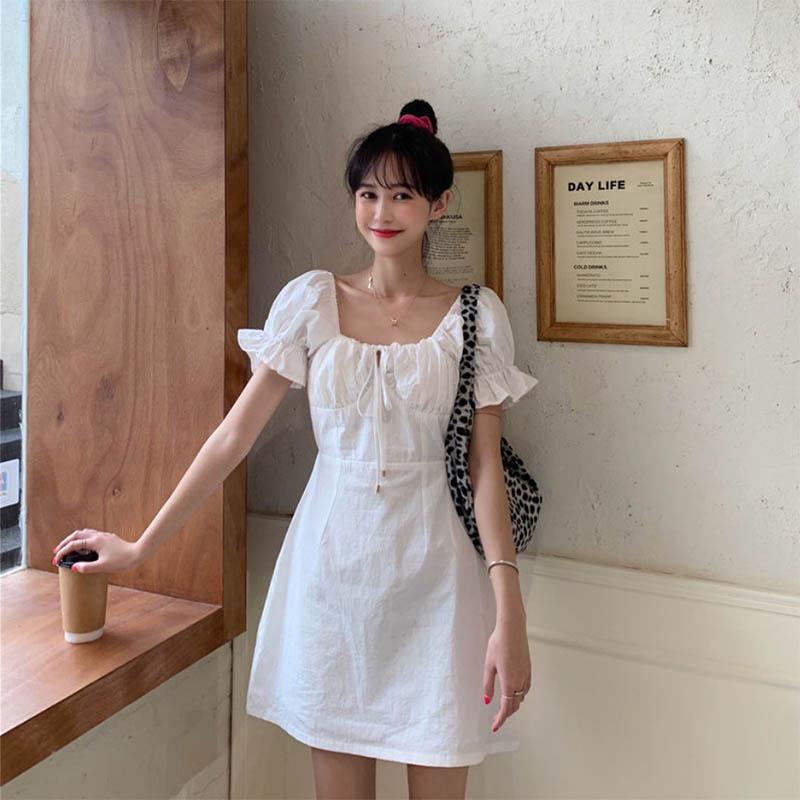 White Dress French Palace Style Retro Square Neck Puff Sleeve Holiday Skirt Women's Slim S-L Size