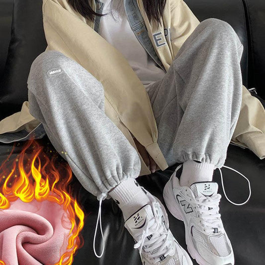 Cotton and Velvet Sweatpants for Female Students Korean Version of Loose Winter High-waisted Straight and Thin Thick Wide-leg Long Pants