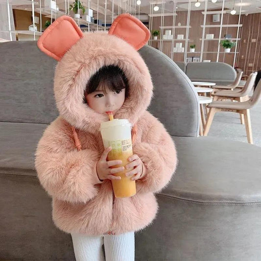 Girls Winter Thickening Plus Fluffy Sweaters Girls Middle and Small Children's Fur Cotton Clothes To Keep Warm Pure Color Rabbit Fur