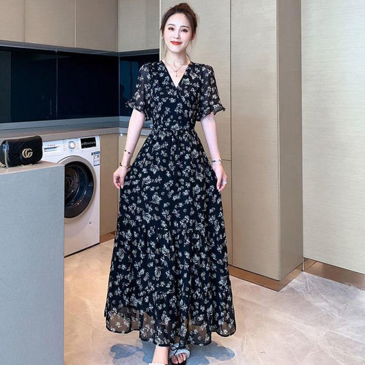 Chiffon Floral V-neck Dress Long Dress French Bellflower Ankle Long Dress Was Thin and Large Size Long Dress Ladies Chiffon Dress