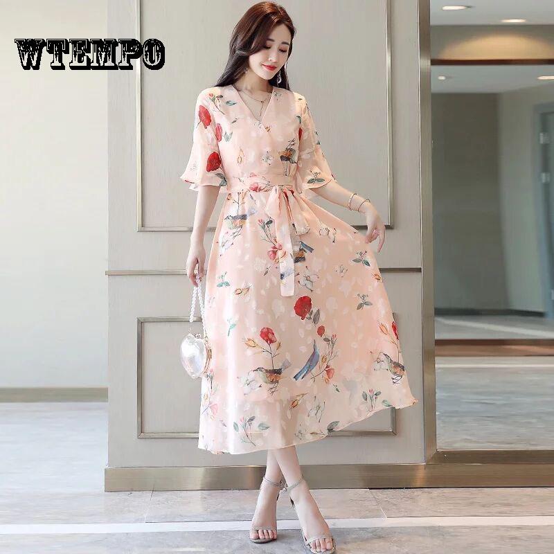 WTEMPO 2019 Boho Women V-neck Floral Print Party Dress Summer Ruffle Sleeveless Long Dress Sexy