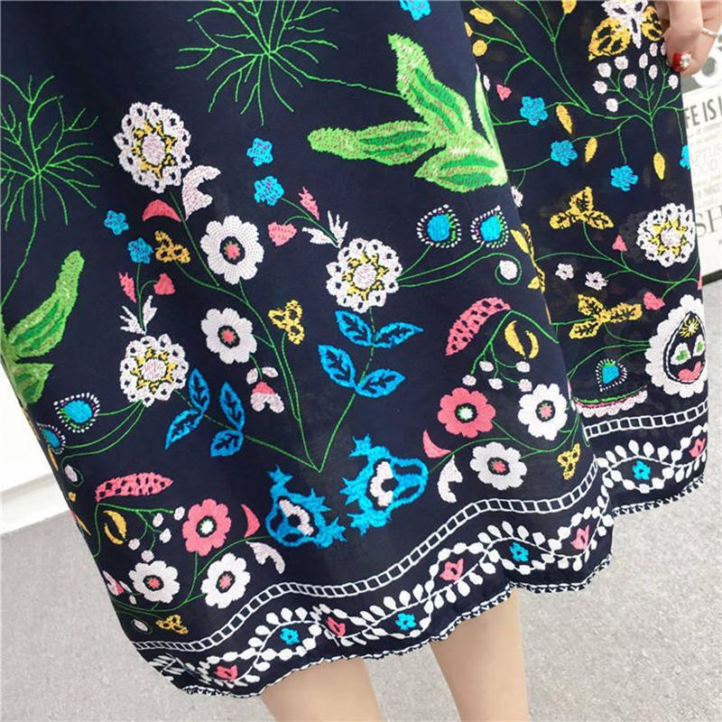 Women's Printed Dress Casual O-neck Short-sleeved Loose Dress Retro Folk Style Loose Mid-length Dress Cotton Fabric Sweat-absorbent and Breathable