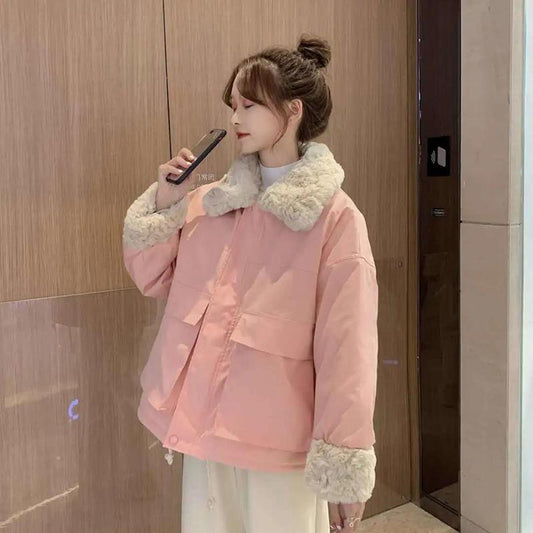 Women's Cotton-padded Jacket Japanese Sweet Coat Women's Lamb Wool Bread Coat Loose Women's Short Plus Velvet Warm Cotton-padded Coat