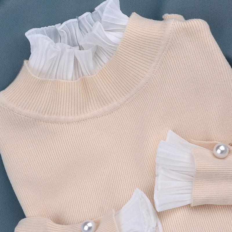 Ruffles Lace Stitching Collar Fake Two-piece Warm Sweater Female Thick Pullover Sweater Short Stretch Slim Knitwear Bottoming or Outwear