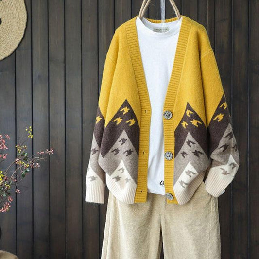Women's Color Blocked Knitted Cardigan Women's Vintage Jacquard Weave Versatile Coat Casual Large Size Knitted Sweater