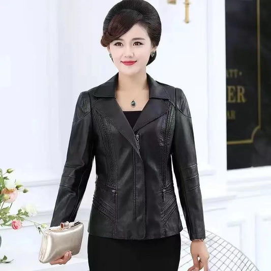 Autumn and Winter Leather Jacket Korean Style Slim V-neck Motorcycle Leather Jacket Thickened Warmth Short Leather Jacket for Women