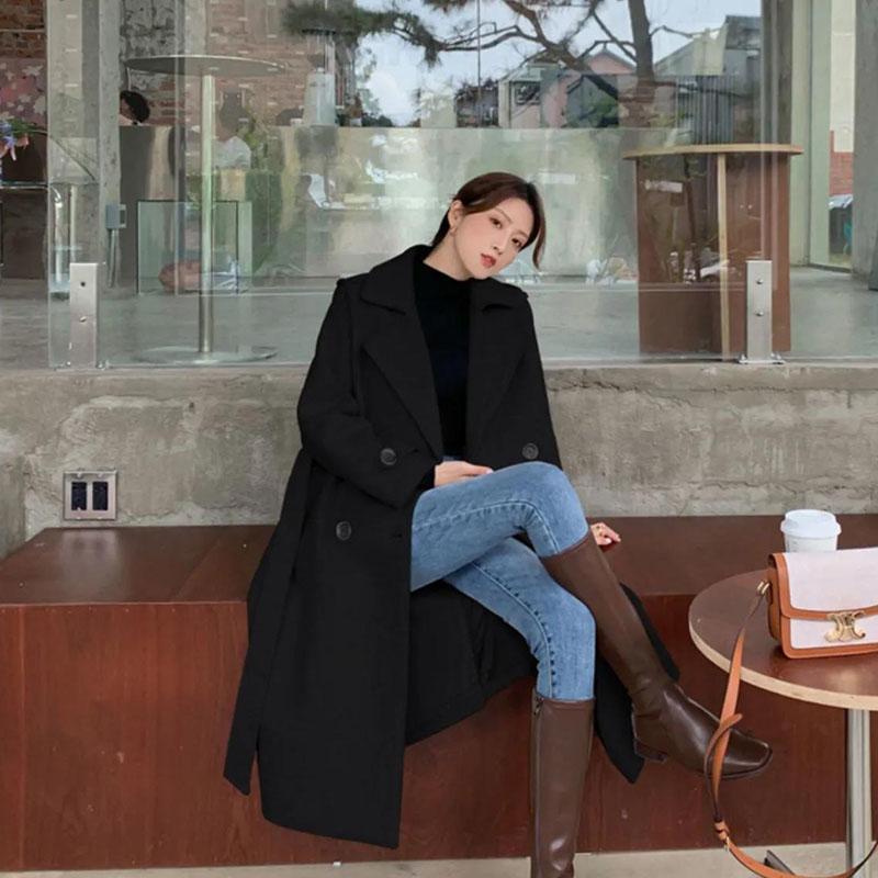 Autumn and Winter Woolen Coat Hepburn Style Fashion Waist Woolen Coat Women's Mid-length Thick Over-the-knee Woolen Coat