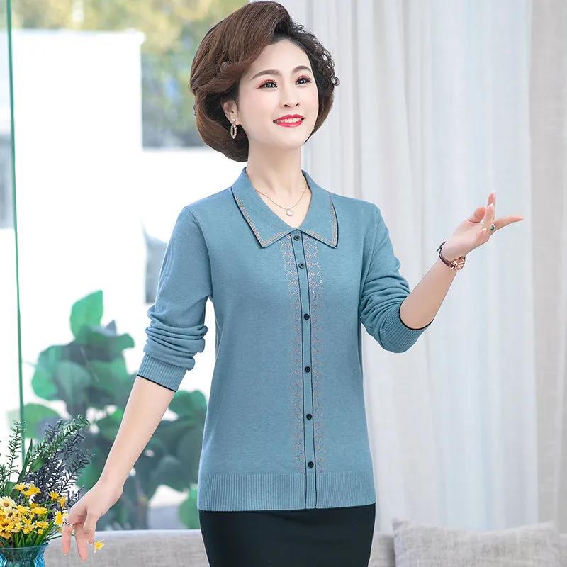 Solid Color Lapel Long Sleeve Sweater Fashion Print Short Pullover Knit Loose Casual Plus Size Women's Sweater