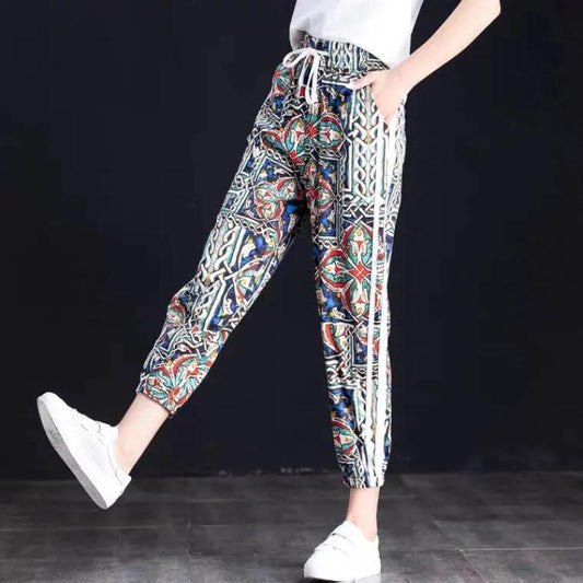 Casual Pants Loose Flower Pants Beach Pants Summer Thin Eight-point Casual Women's Pants Nine-point Plus Size Harem Pants