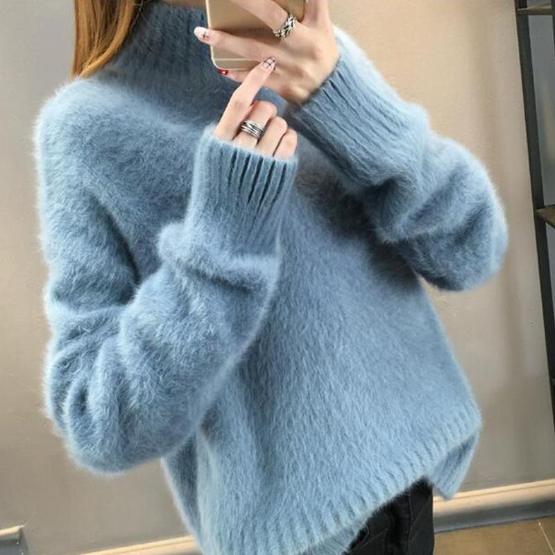 Women's Sweater Autumn Winter Women Pullover Solid Loose Warmth Half Turtleneck Sweaters Ladies Chic Soft Jumper Pull