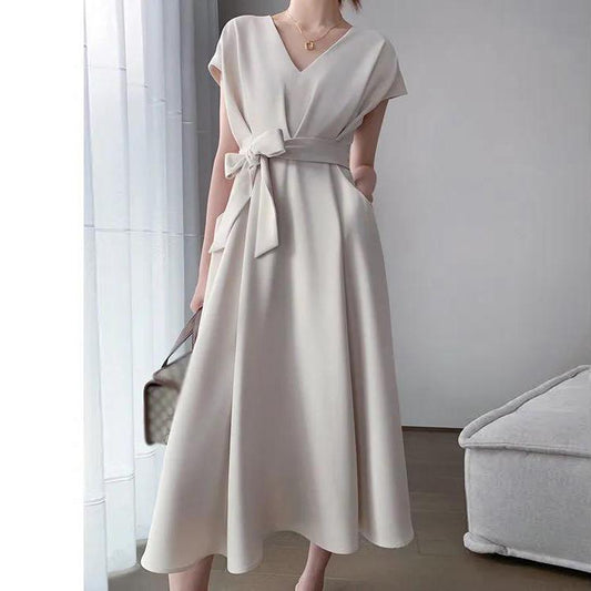 Super Fairy Sweet V-neck Dress White Waist Was Thin and Gentle Style Ladies Temperament Long Dress Female Summer