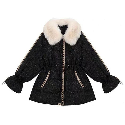 Winter Jacket Women's Cotton-padded Clothes Mid-length Loose-fitting Bright-faced Large Fur Collar Waist Thin Down Cotton-padded Coat