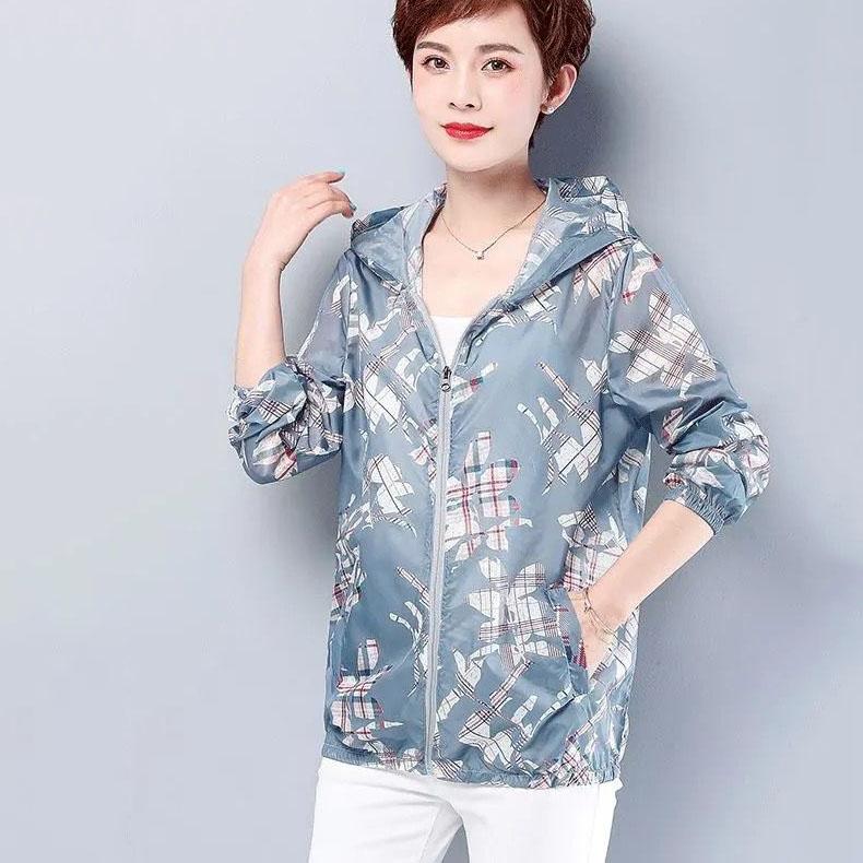 XL-5XL Women's Summer Long Sleeve Print Thin Hooded Sun Protection Jackets Female Spring Autumn Plus Size Loose Coats