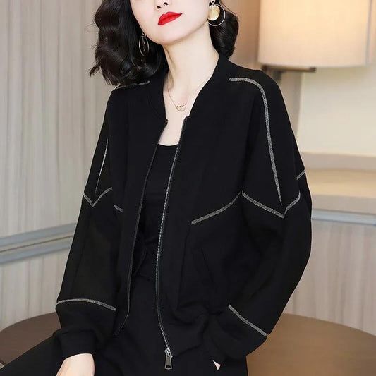 Black Thin Short Coat Women's Spring and Autumn Casual Loose Baseball Uniform Jacket Top