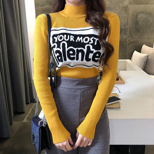 Funky Letter Knitwear Turtleneck Slim Fit Bottoming Shirts Solid Color Pullover Sweater Top