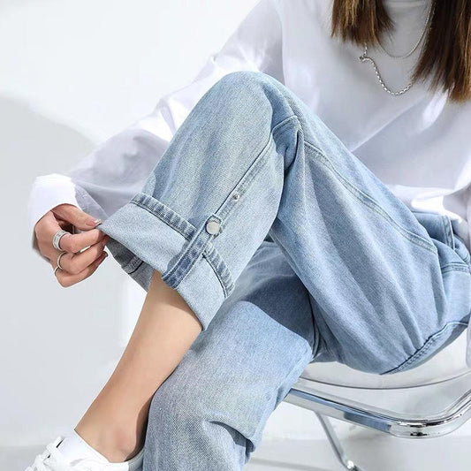 WTEMPO Adjustable trouser length Women's High Washed Denim Waist Wide Leg Pants Straight-leg Pants Super Long Loose Casual