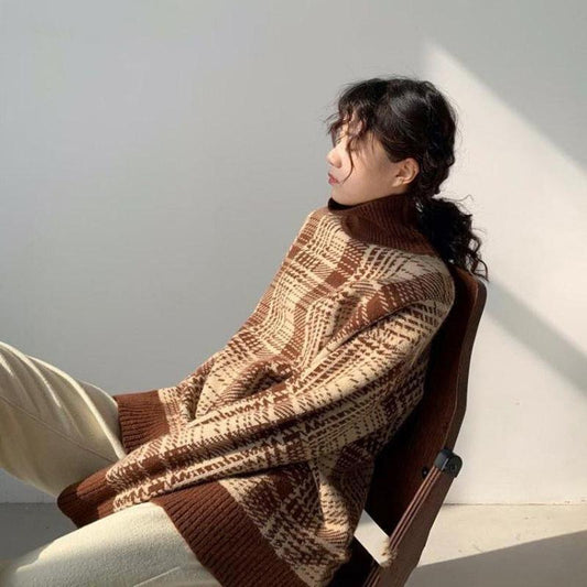 Autumn Winter Women Fashion Sweater Casual Knitting Plaid Sweater Round Neck Pullovers Loose Casual Long Sleeve Sweater