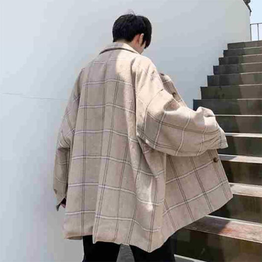 Fat Men's Japanese Woolen Plaid Jacket Men's Jacket Men's Loose Large Size 200 Kg