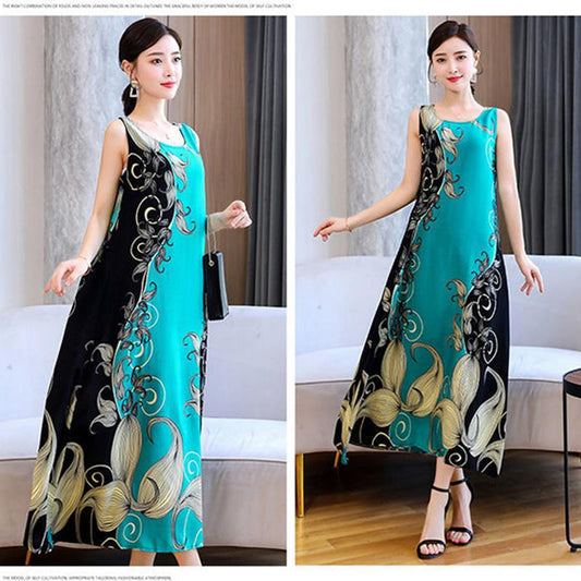 Sleeveless Cotton and Linen Dress Summer Vest Long Loose Large Size Thin Floral A-line Version Long Skirt Round Neck Sleeveless Ladies Dress