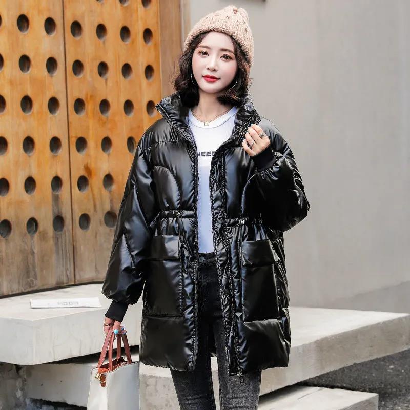 Down Cotton Jacket Winter Loose Korean Color Shiny Face-free Collar Mid-length Cotton Jacket Women