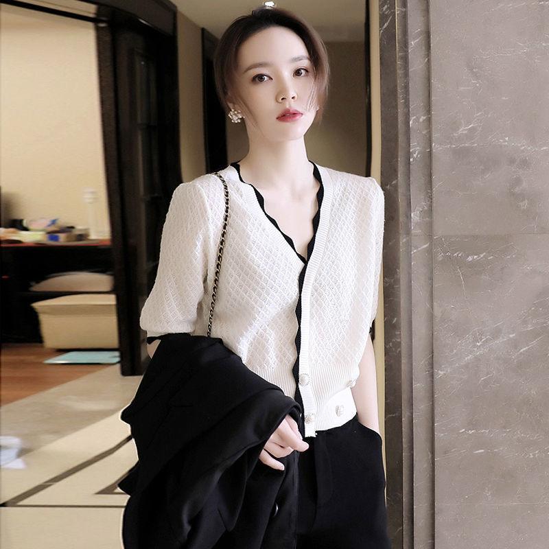 Wavy Edge Ice Silk Mid-sleeve Temperament Outer Wear Short-sleeved Women's Slim Summer Thin Knitted Sweater Top