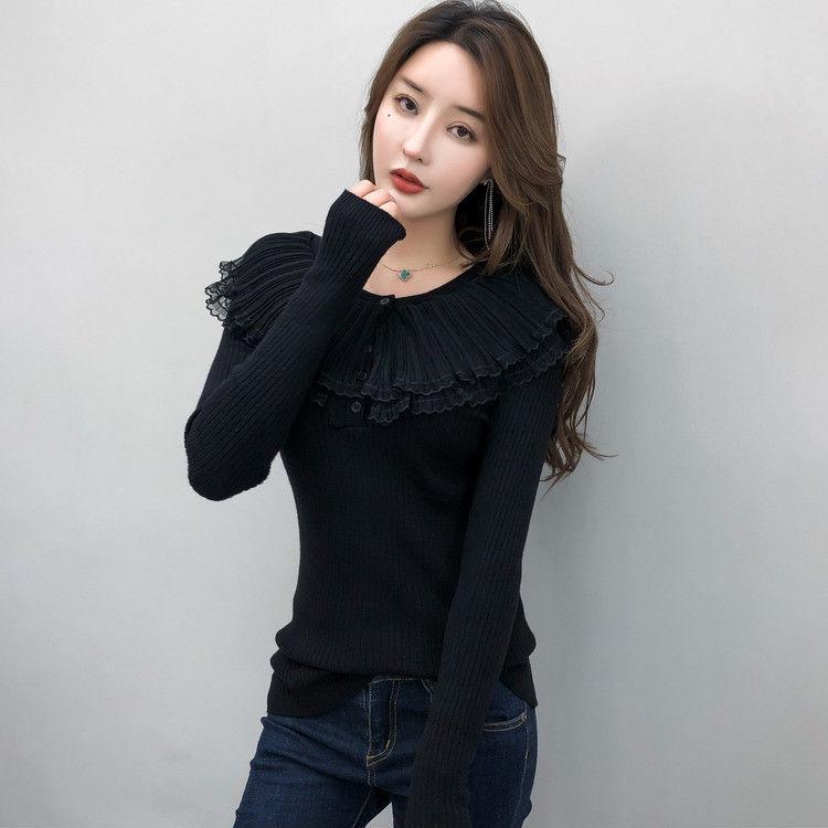 Autumn and Winter Lotus Leaf Collar Knitted Bottoming Shirt Slim Button Solid Color Sweater Fashion All-match