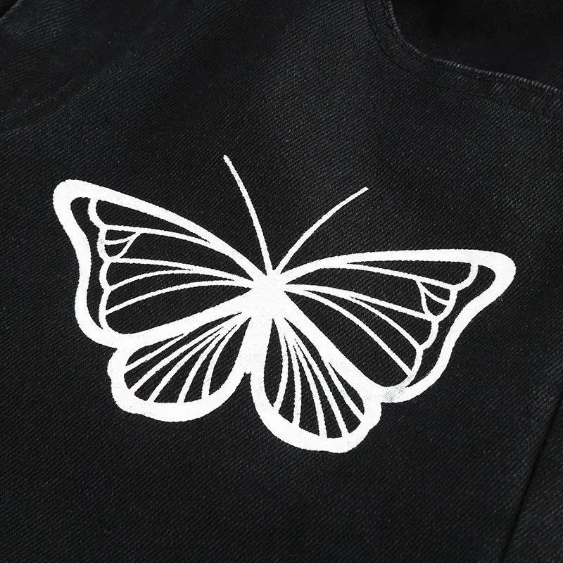 Design Butterfly Personality Print Jeans Female Korean Version of Retro Thin Loose Wild Black Straight Pants Tide