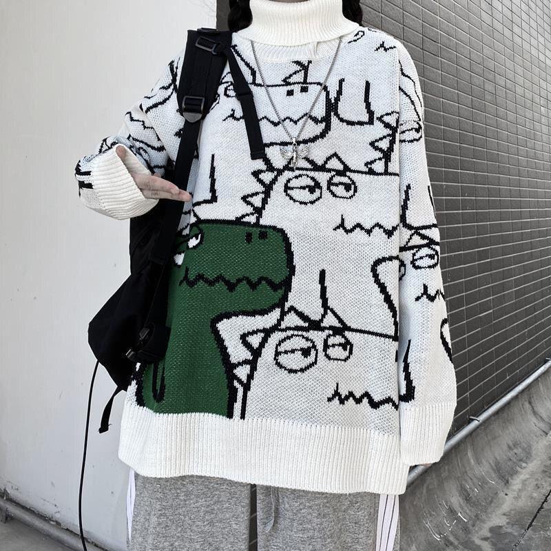 Autumn Winter Sweater Women's High Neck Thickened Cartoon Fashion Casual Girl Student Sweater Coat Tide