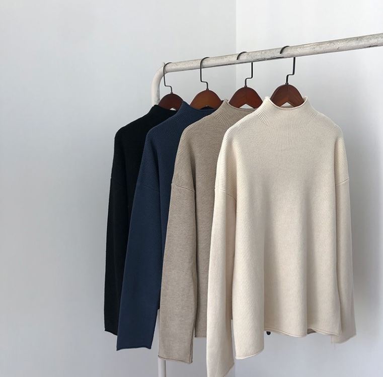 Autumn Winter Modal Cotton Pullover Women's Loose Half Turtleneck Sweater Fashion Curled Long Sleeve Knitwear