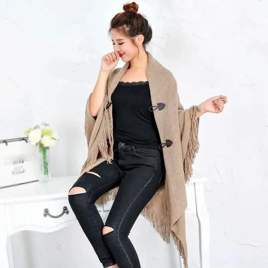 Autumn Outer Wear Shawl Cloak-style Cardigan with Buckle Loose Jacket Women's Autumn and Winter Mid-length V-neck Knitted Cloak