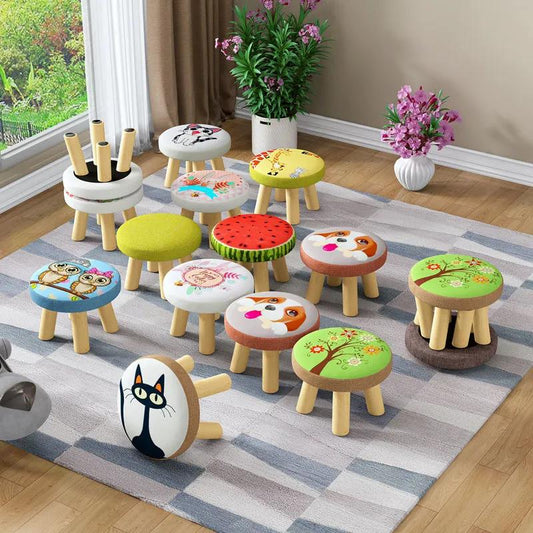 Animal Print Four-corner Sofa Stool Pine Solid Wood Chair Children Stool Shoe Change Seat Round Bench