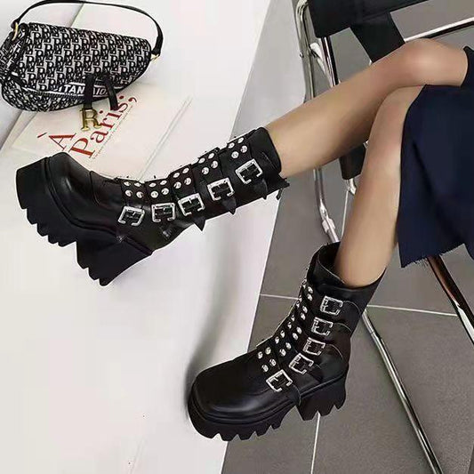 European and American Big Head Martin Boots Female Punk Rock Platform High Heel Shoes Short Handsome Back Zipper Large Size Stage Boots