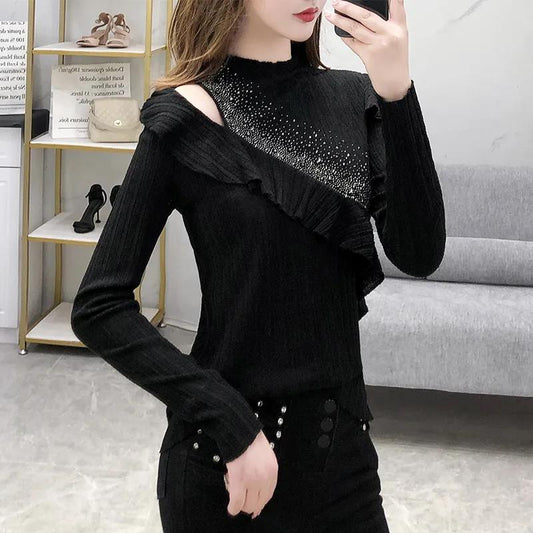 Women's Solid Color Lace Bottoming Shirt Fashion Off-the-shoulder Mesh Low Neck Bottoming Shirt Sexy Thin Knitwear