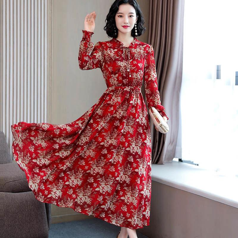 Spring and Autumn Chiffon Dress Long Sleeve Feminine Large Size Long Section Slim Fit Waist Thin Floral Skirt Women Can Be Worn Inside or Outside