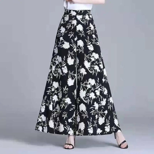 Flower Print Wide-leg Pants Women's Summer Large Size High Waist Loose Drape Thin Trousers Elastic Waist Skirt Pants