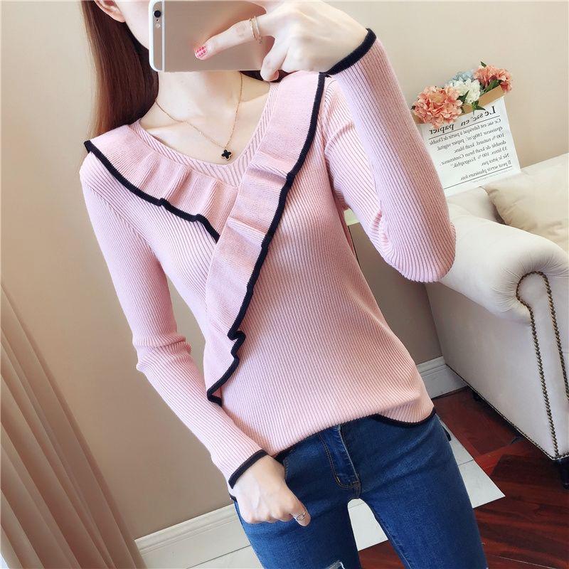 V-neck Long-sleeved Knit Top Slim All-match Bottoming Shirt Color Matching Short Sweater Ladies