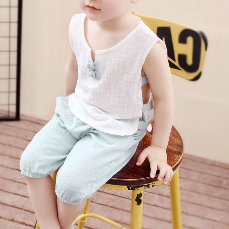 Boys and Girls Cotton and Linen Vest Suit Baby Summer Breathable Cool Two-piece Baby Comfortable Thin Loose Casual Clothes