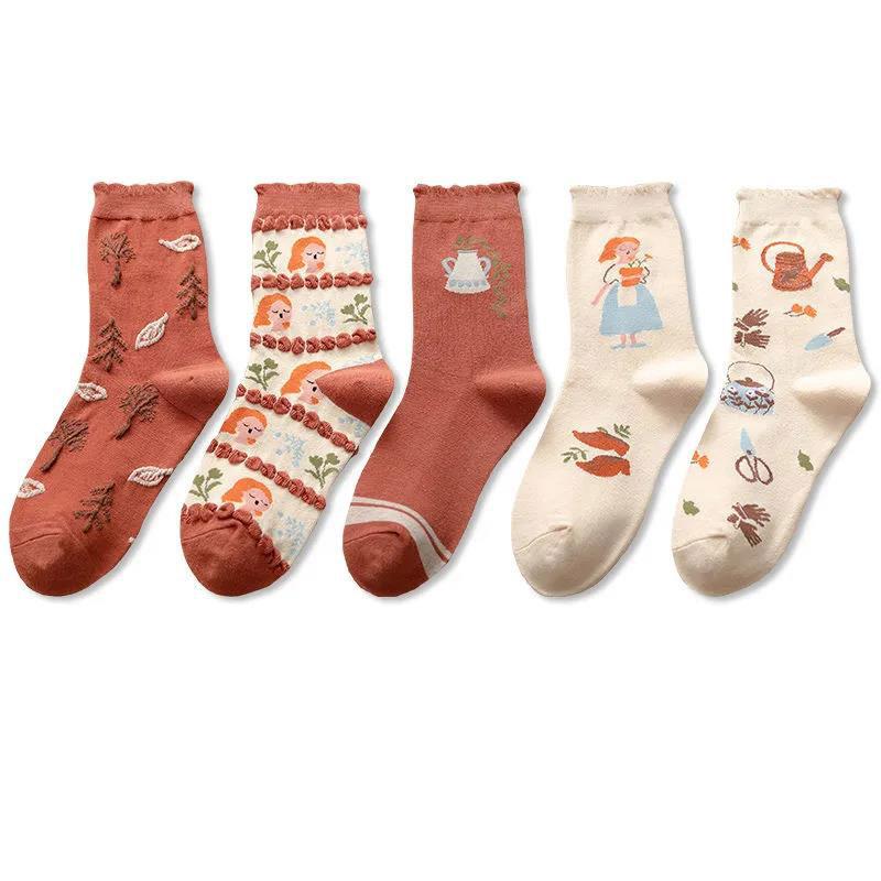 Five Pairs of Women's Socks Fashion Print Cartoon Pattern Socks Winter Thick Warm Pile Pile Socks