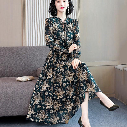 Spring and Autumn Chiffon Dress Long Sleeve Feminine Large Size Long Section Slim Fit Waist Thin Floral Skirt Women Can Be Worn Inside or Outside