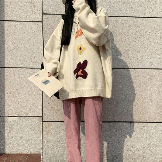 Autumn and Winter College Style Thinner Round Neck Embroidery Sweater Female Student Loose Mid-length Sweater Coat