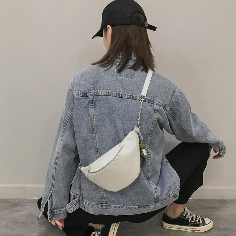 Unisex Casual Sling Bag Waist Packs Shoulder Crossbody Bags Zipper Chain Black PU Leather Bag