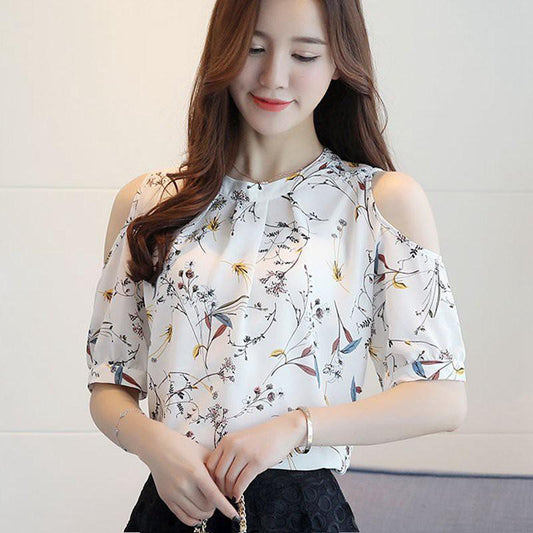 Summer Style Floral Shirt For Womens Elegant Open Shoulder Blouses Chiffon Print Blusas Women Ete Plus Size Female Tops