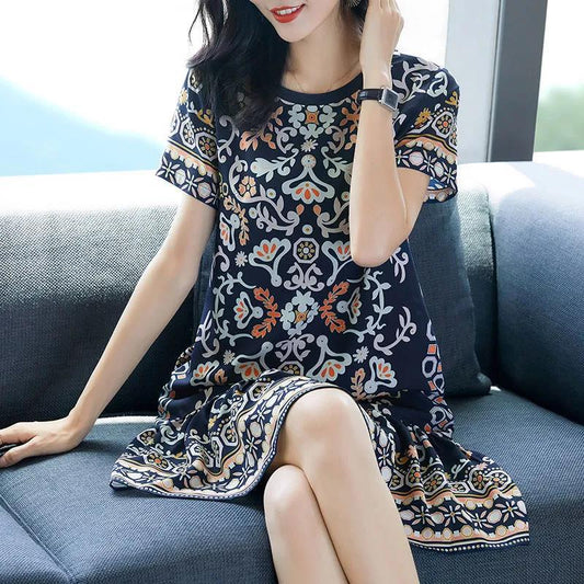 Ethnic Print Silk Dress Summer Round Neck Loose Plus Size Knee-length Light and Cool Floral A-line skirt