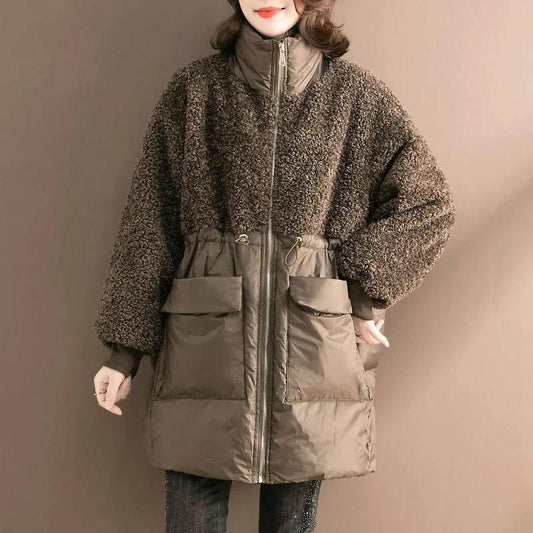 Women's Mid-length Fashion Lamb Wool Cotton-padded Jacket Loose Plus Size Warm Cotton-padded Jacket Women