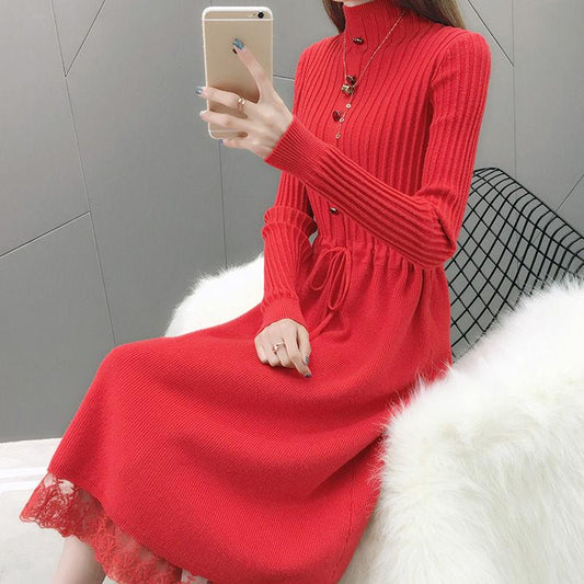 Dress Women High Neck Knitting Pullovers Clothes Waist Turtleneck Long Sleeve Lace Sweater Dress