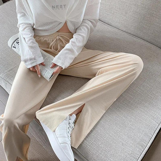 Women's Summer Ice Silk Split Wide Leg Pants Thin Section Large Size Loose and Thin High Waist Casual Pants Straight Trousers Fitness Jogging Pants