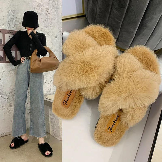 Women's Fluffy Slippers for Autumn and Winter Outer Wear Flat All-match Shoes