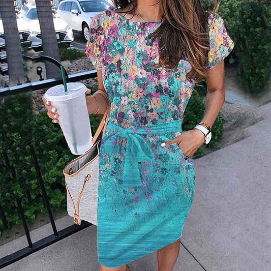 Dress Women's Fashion Temperament Geometric Print Dress Commuter Short Sleeves